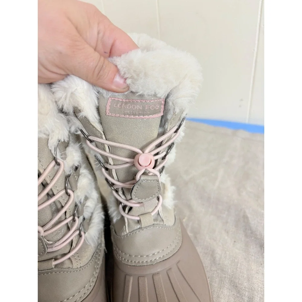 London Fog Hackney Kids Shimmer Faux Fur Snow Boots Tan Pink Size 2 FNF1950